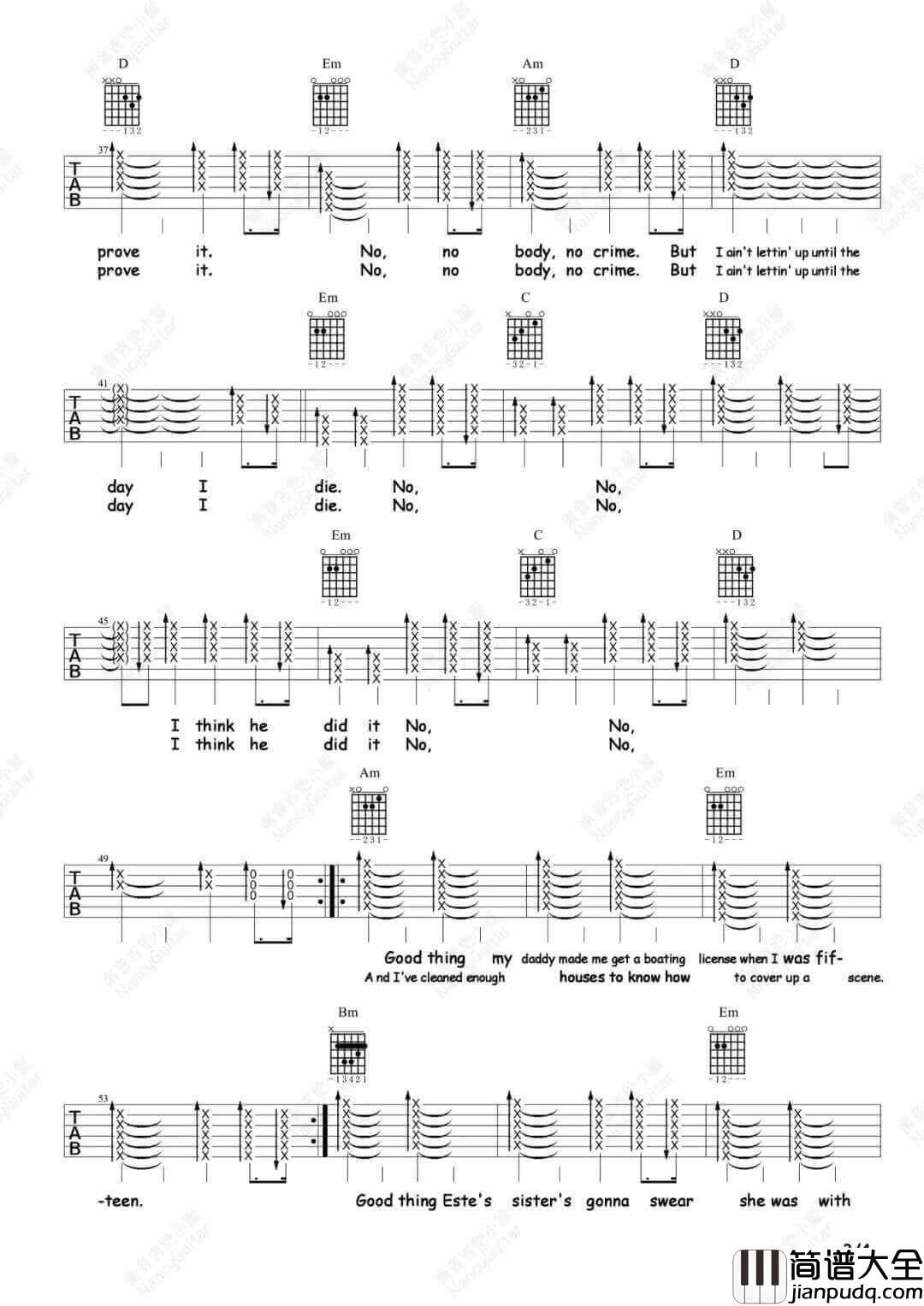 _No_Body_No_Crime_吉他谱_Taylor_Swift_G调高清弹唱六线谱