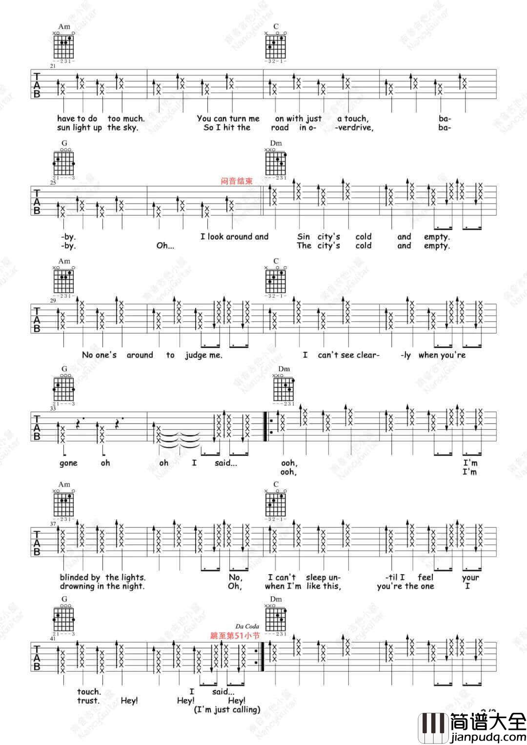 _Blinding_Lights_吉他谱_The_Weeknd_C调高清弹唱六线谱