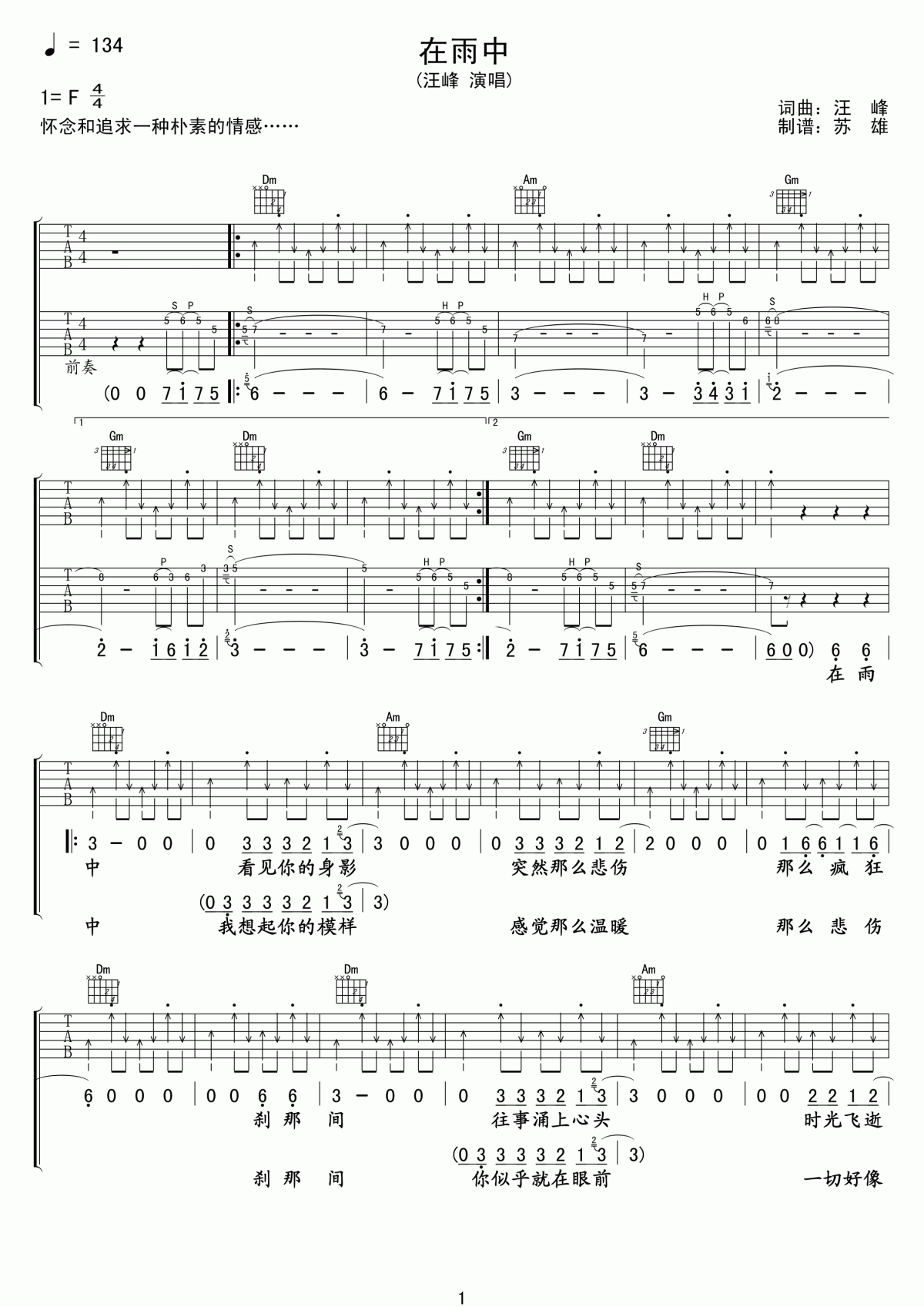 在雨中吉他谱__汪峰