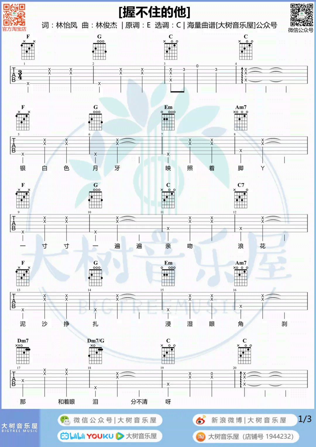_握不住的他_吉他谱_萧萧/林俊杰_C调六线谱_吉他弹唱教学