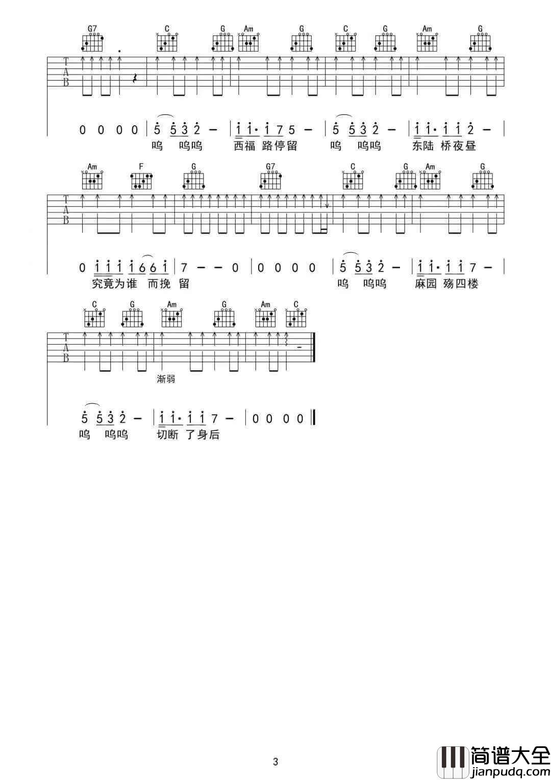 _昆明_吉他谱_麻园诗人_C调原版弹唱六线谱_高清图片谱