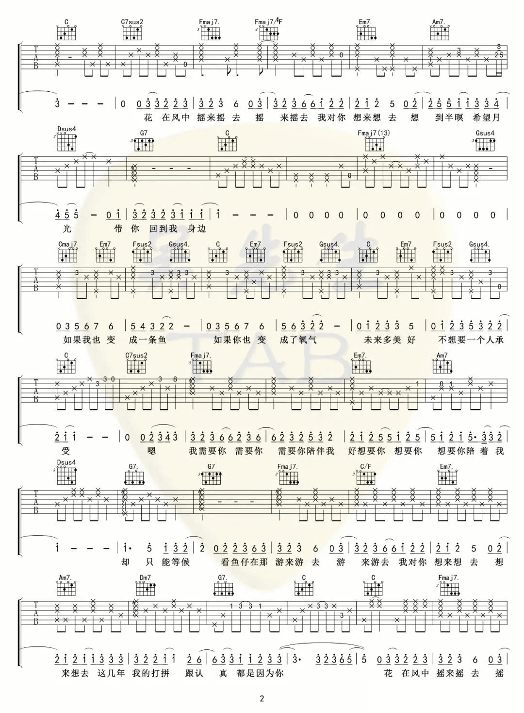 鱼仔吉他谱_卢广仲__鱼仔_G调原版弹唱谱_高清六线谱