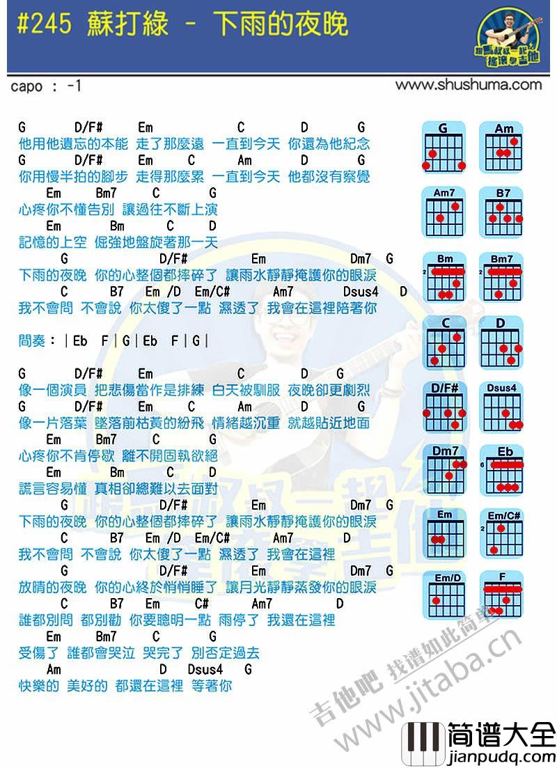 下雨的夜晚吉他谱_马叔叔吉他弹唱示范_苏打绿