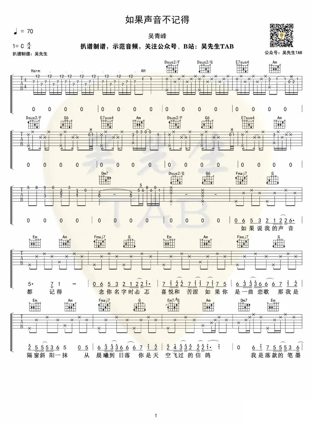 _如果声音不记得_吉他谱_吴青峰_C调原版弹唱谱_高清六线谱