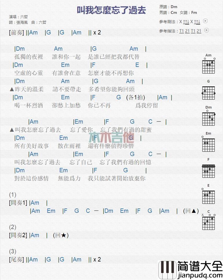 叫我怎么忘了过去_吉他谱_六哲
