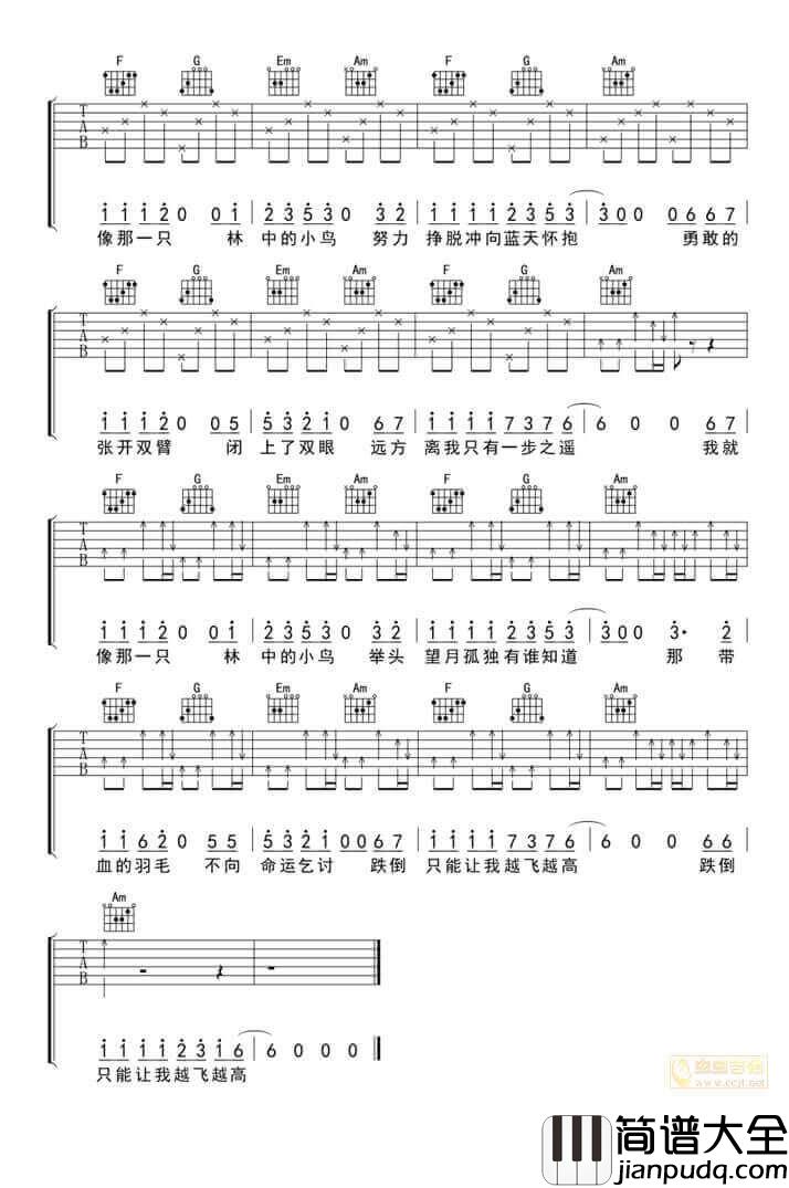 葛林__林中鸟_C调简单版弹唱六线谱_高清图片谱
