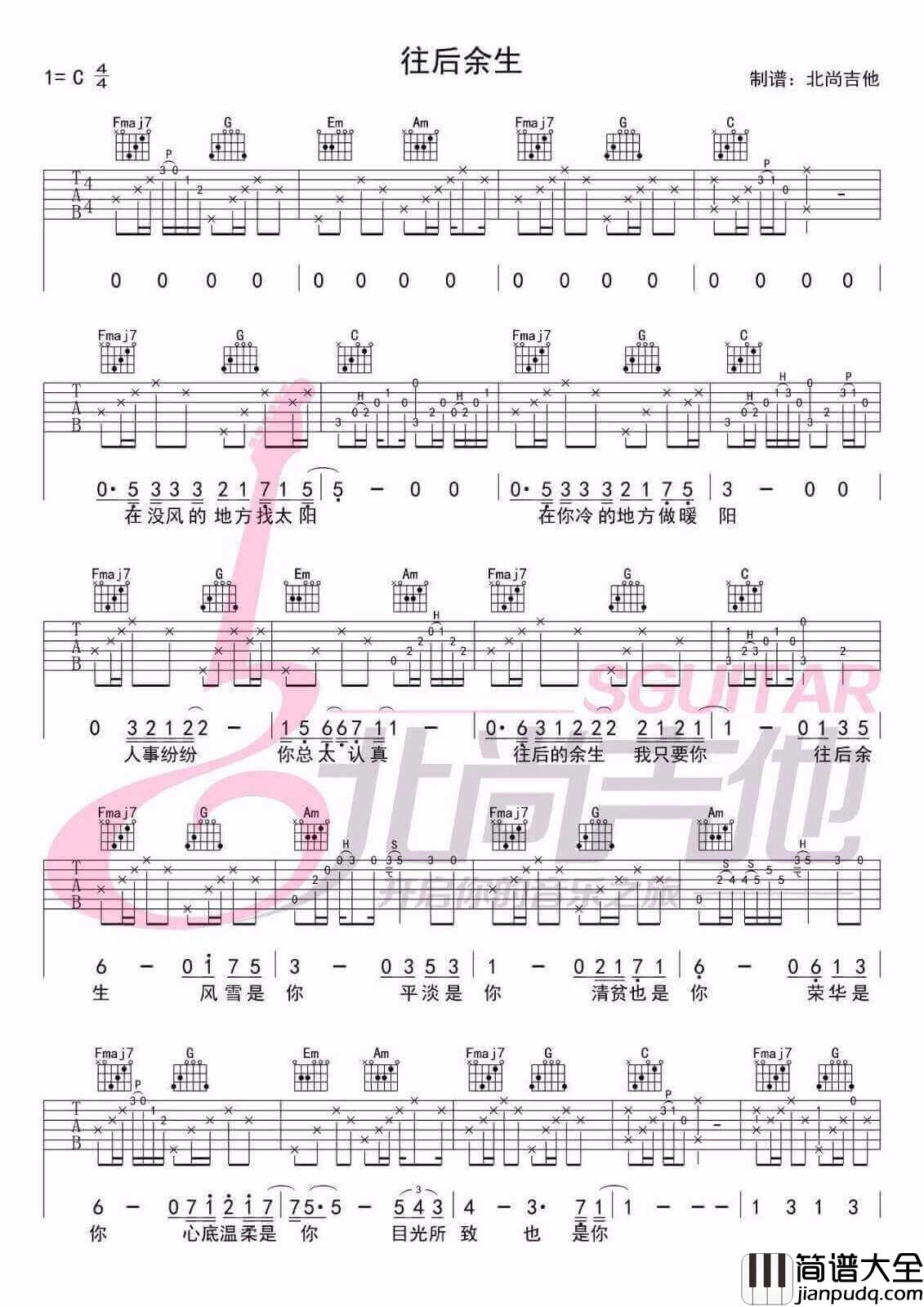 马良_往后余生_C调炫酷改编版弹唱吉他六线谱_高清图片谱