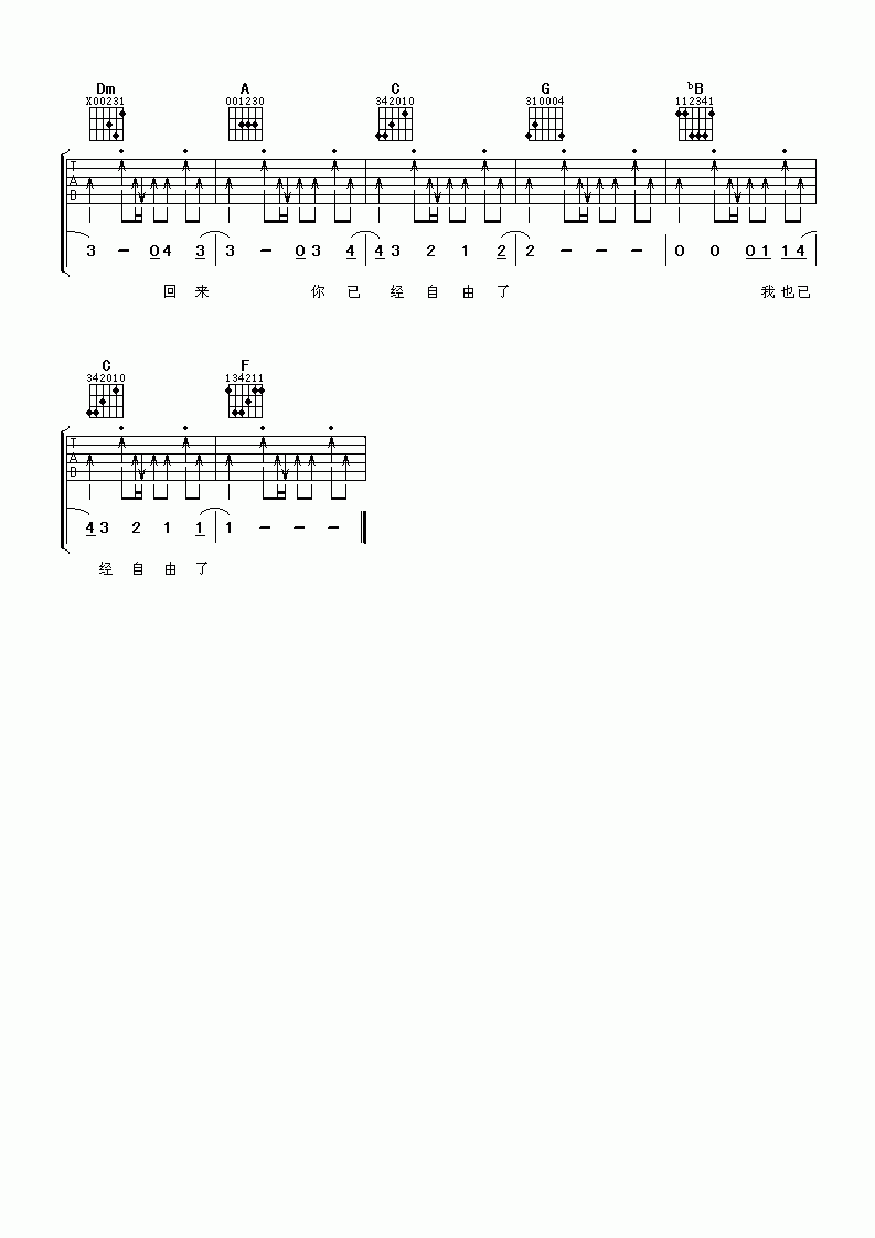 张震岳_自由_吉他谱_扫弦版