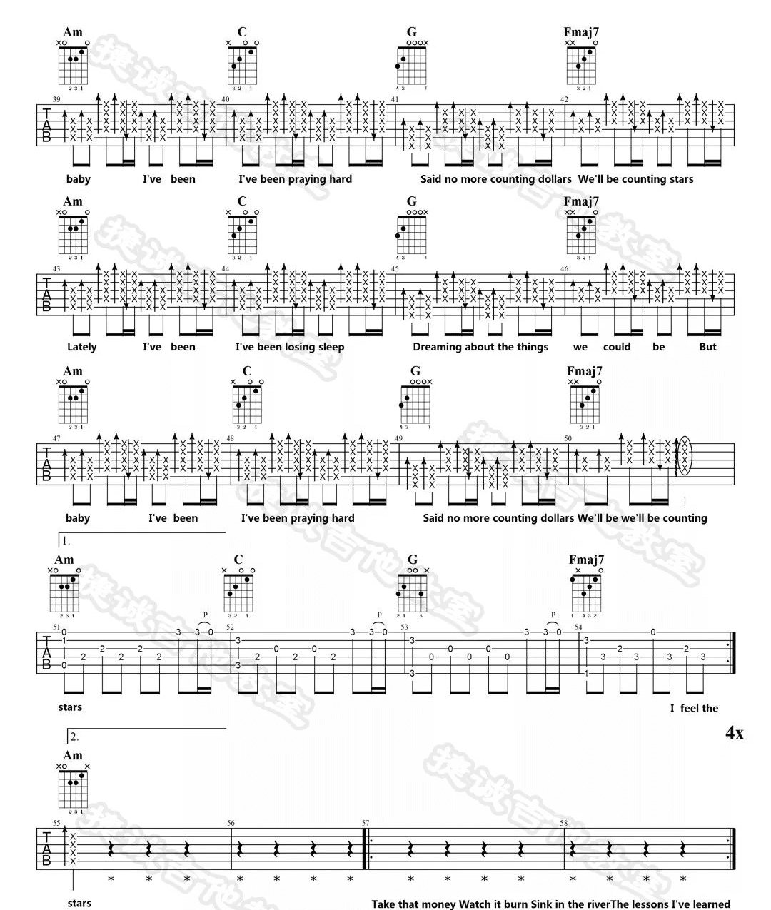 _Counting_Stars_吉他谱_One_Republic_C调原版弹唱六线谱