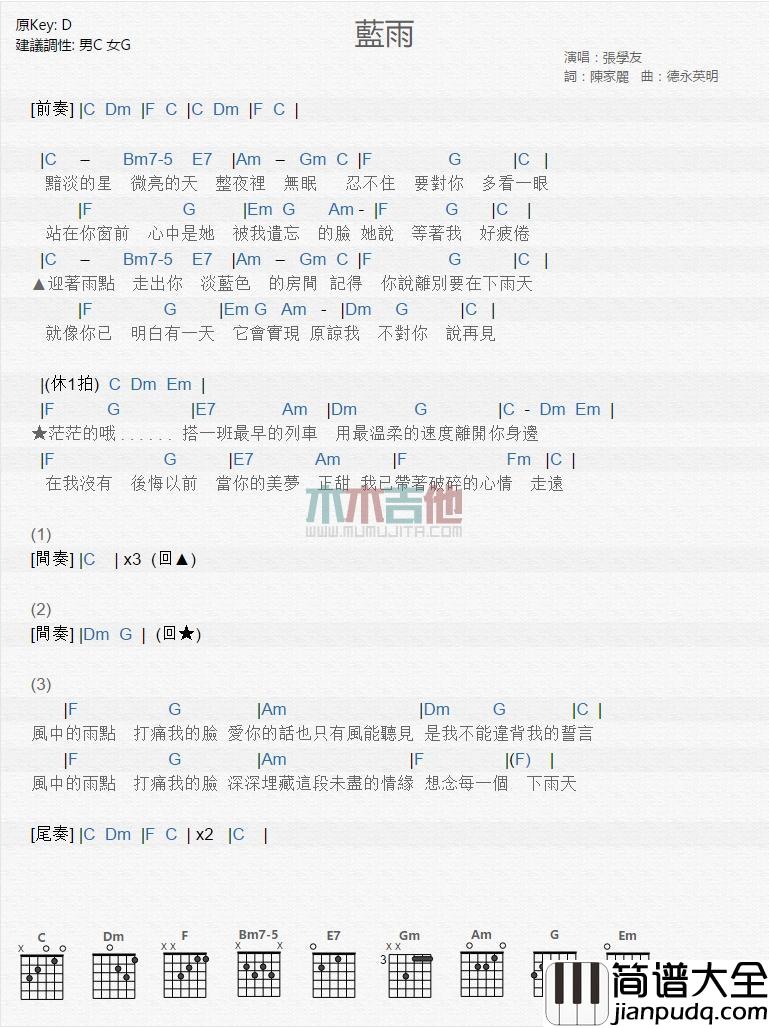 蓝雨_吉他谱_张学友