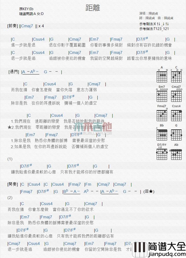 距离_吉他谱_陈绮贞