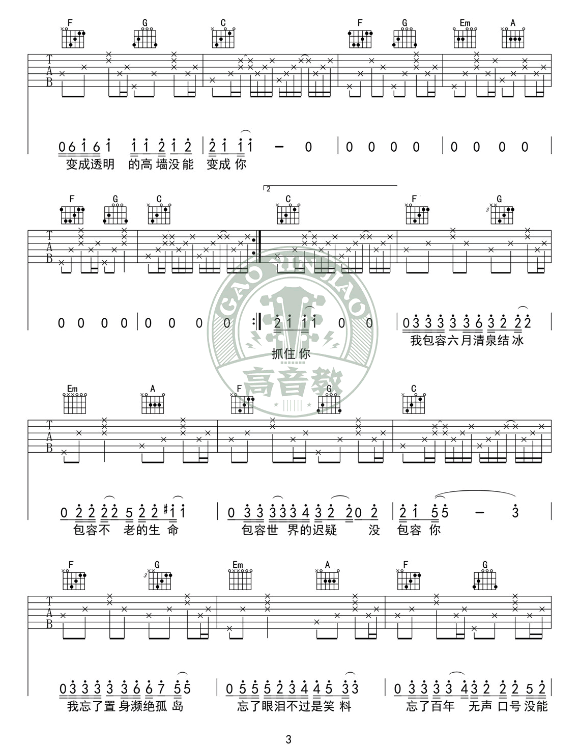 _奇妙能力歌_吉他谱_陈粒_C调原版弹唱六线谱_高清图片谱