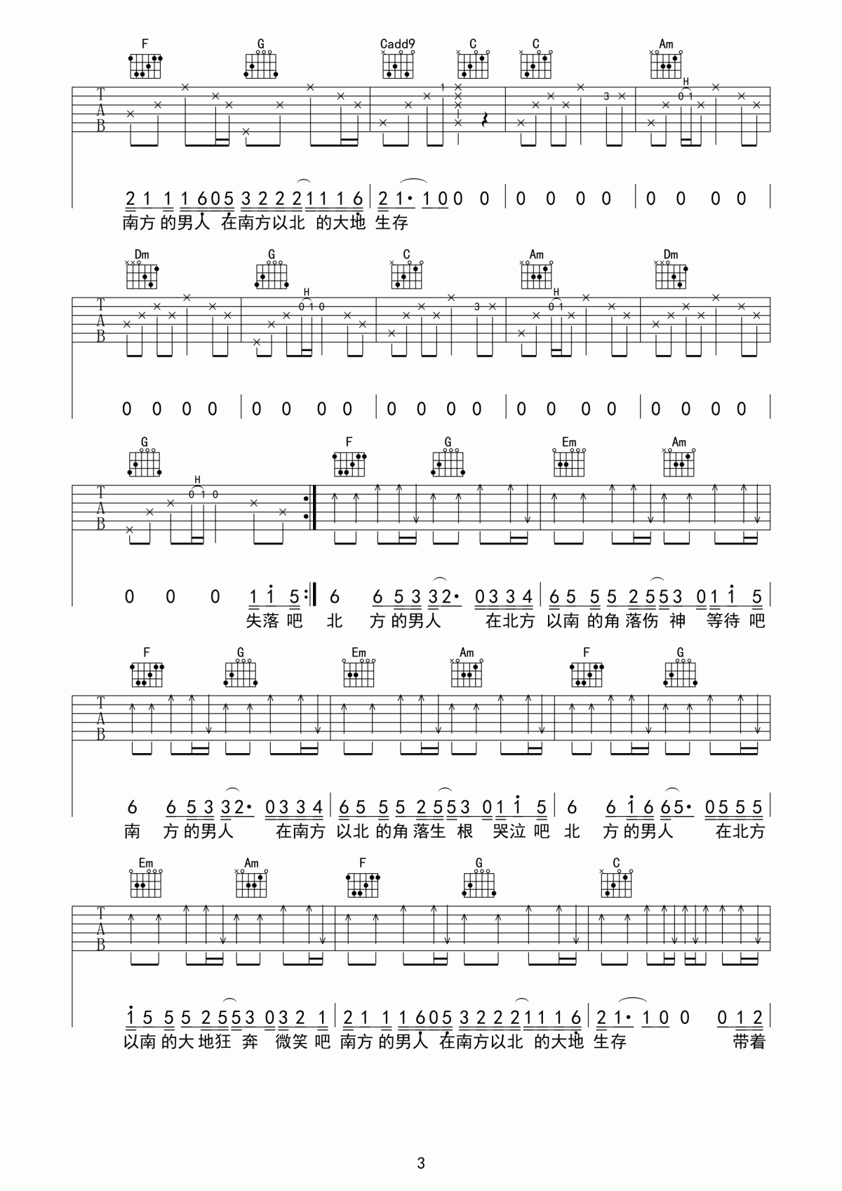 南方北方吉他谱_小闯_C调