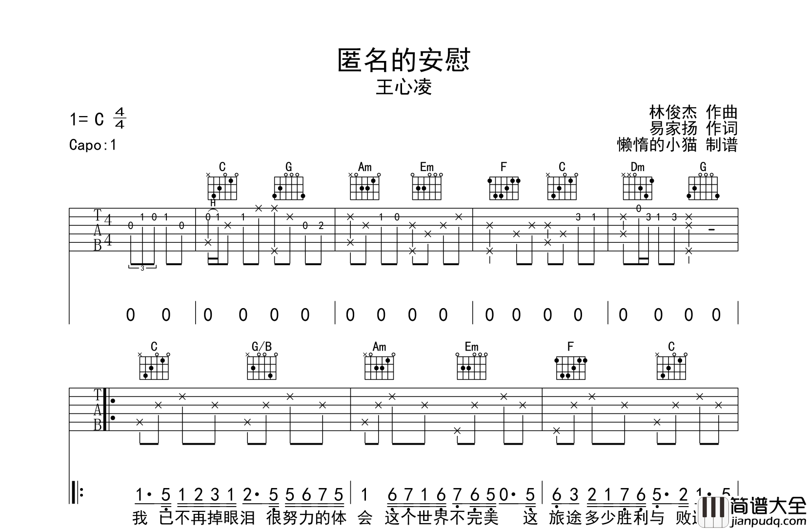 匿名的安慰吉他谱_王心凌_C调吉他弹唱谱