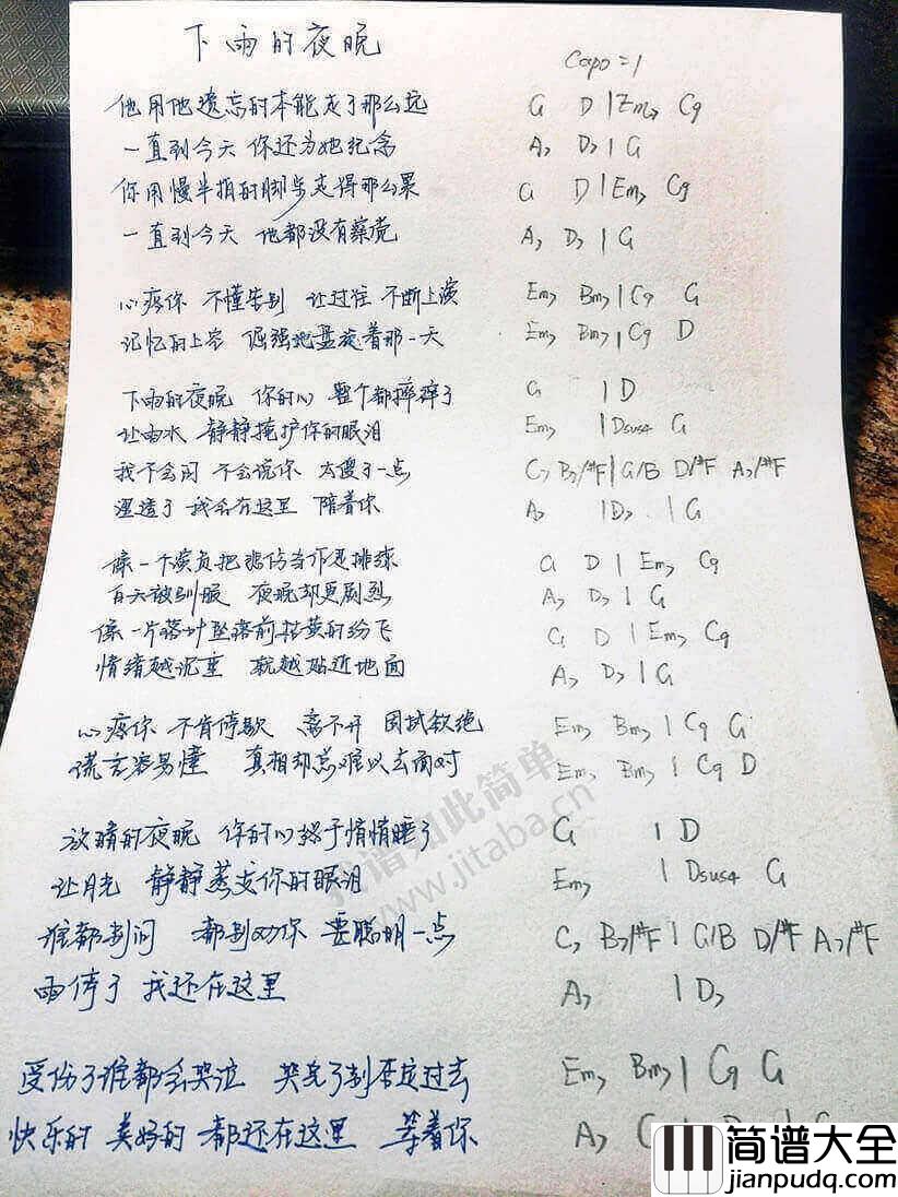 下雨的夜晚吉他谱_苏打绿_和弦图片谱