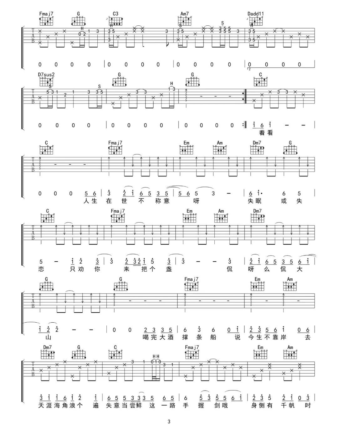 _人间不值得_吉他谱_黄诗扶_C调原版弹唱六线谱_高清图片谱