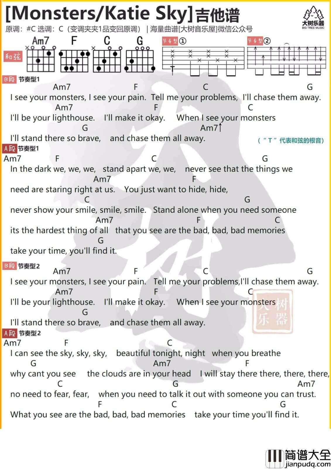 Monsters吉他谱_Katie_Sky__Monsters_C调和弦谱_吉他弹唱教学