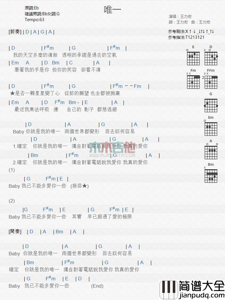 唯一_吉他谱_王力宏