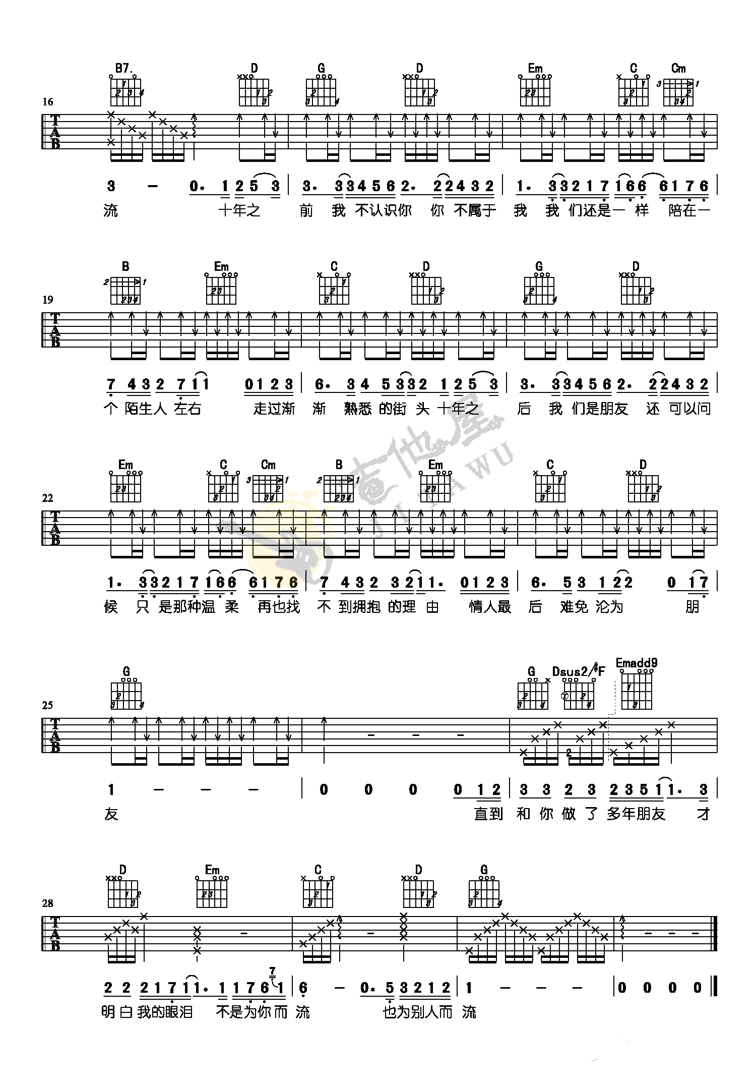 陈奕迅_十年_Eason完美版G调吉他弹唱谱_附吉他弹唱演示