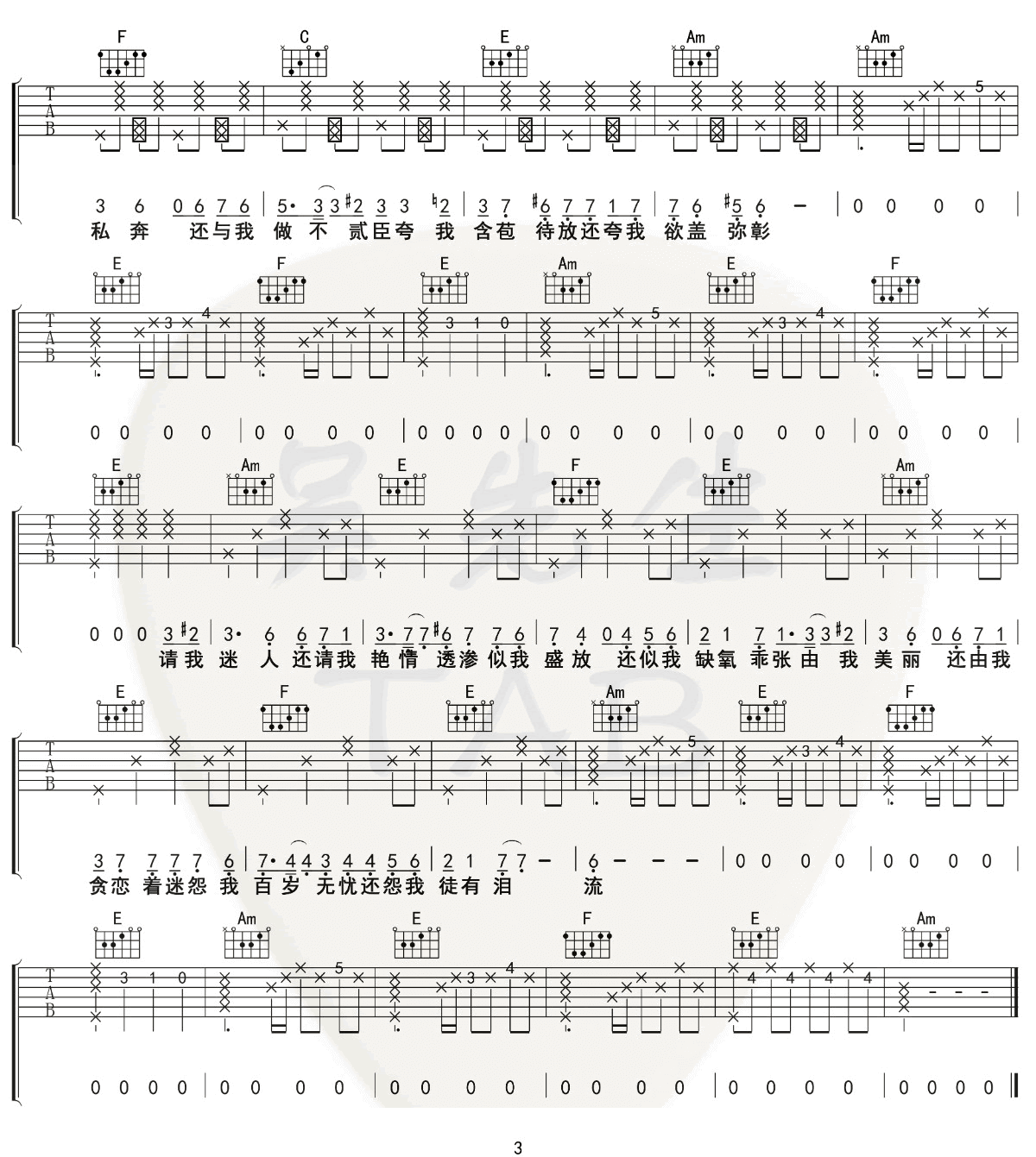 _易燃易爆炸_吉他谱_陈粒_C调原版弹唱六线谱_高清图片谱