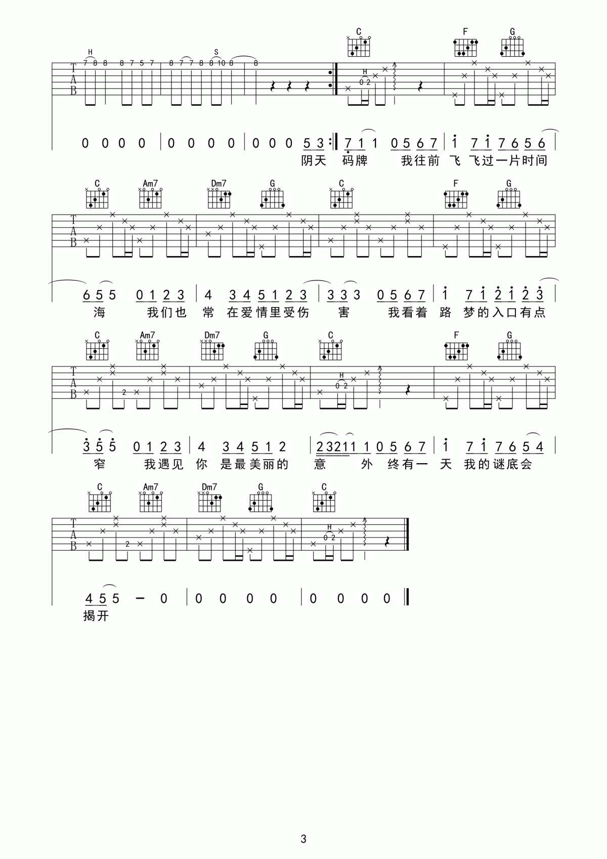 遇见吉他谱升F调演唱孙燕姿