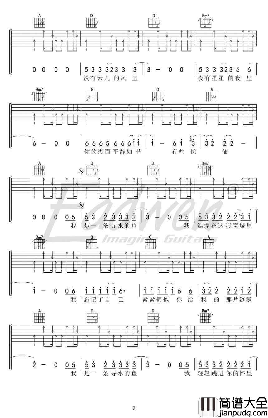 _寻水的鱼_吉他谱_许飞_D调弹唱六线谱_高清图片谱