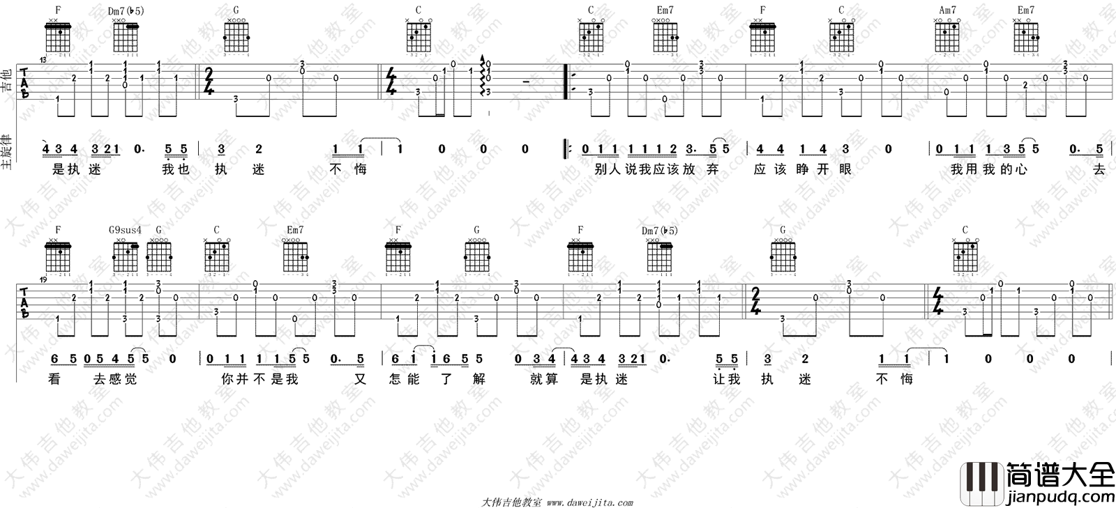 _执迷不悔_吉他谱_王菲_C调原版六线谱_吉他弹唱教学