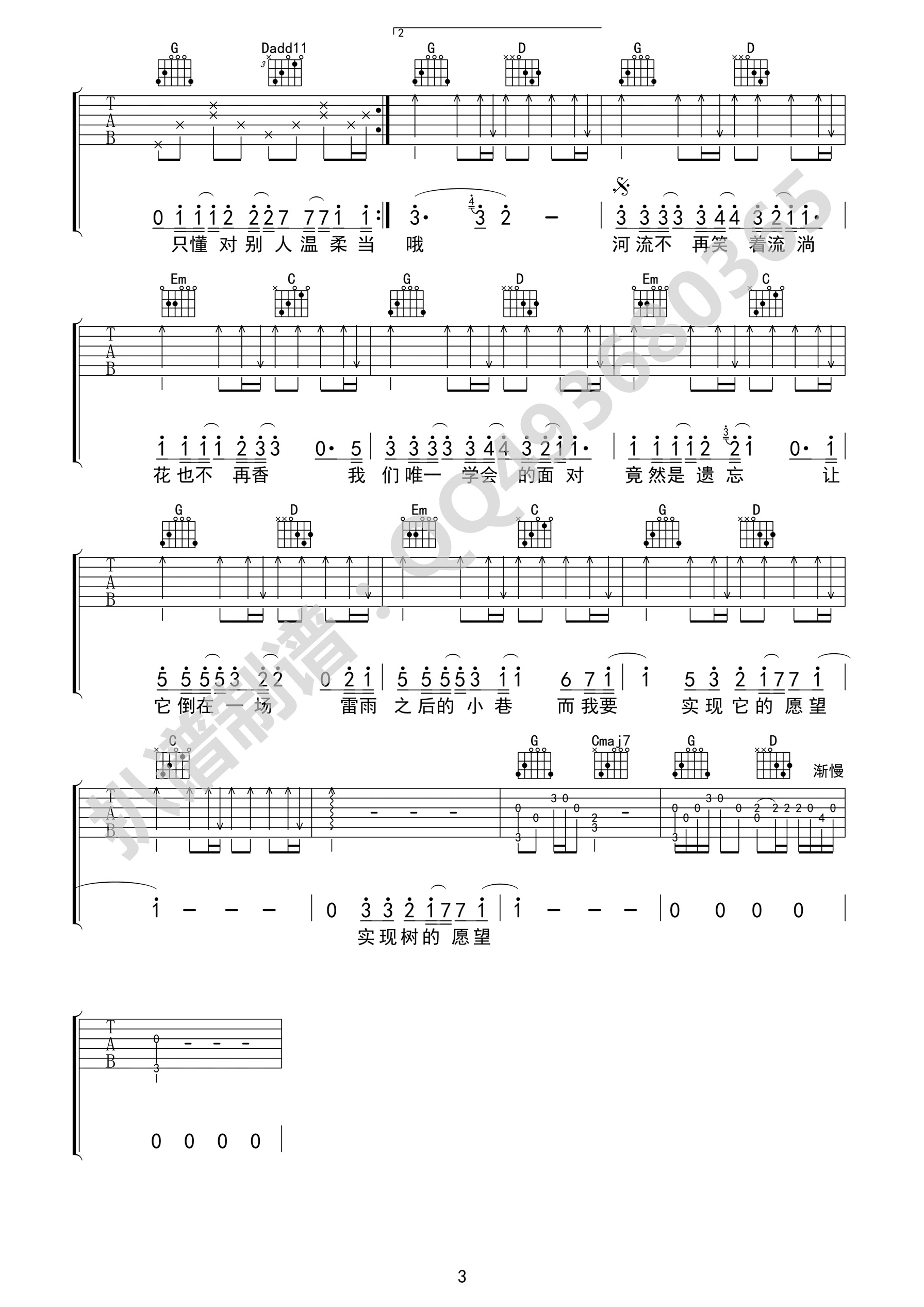 _树读_吉他谱_王俊凯_G调原版弹唱六线谱_高清图片谱