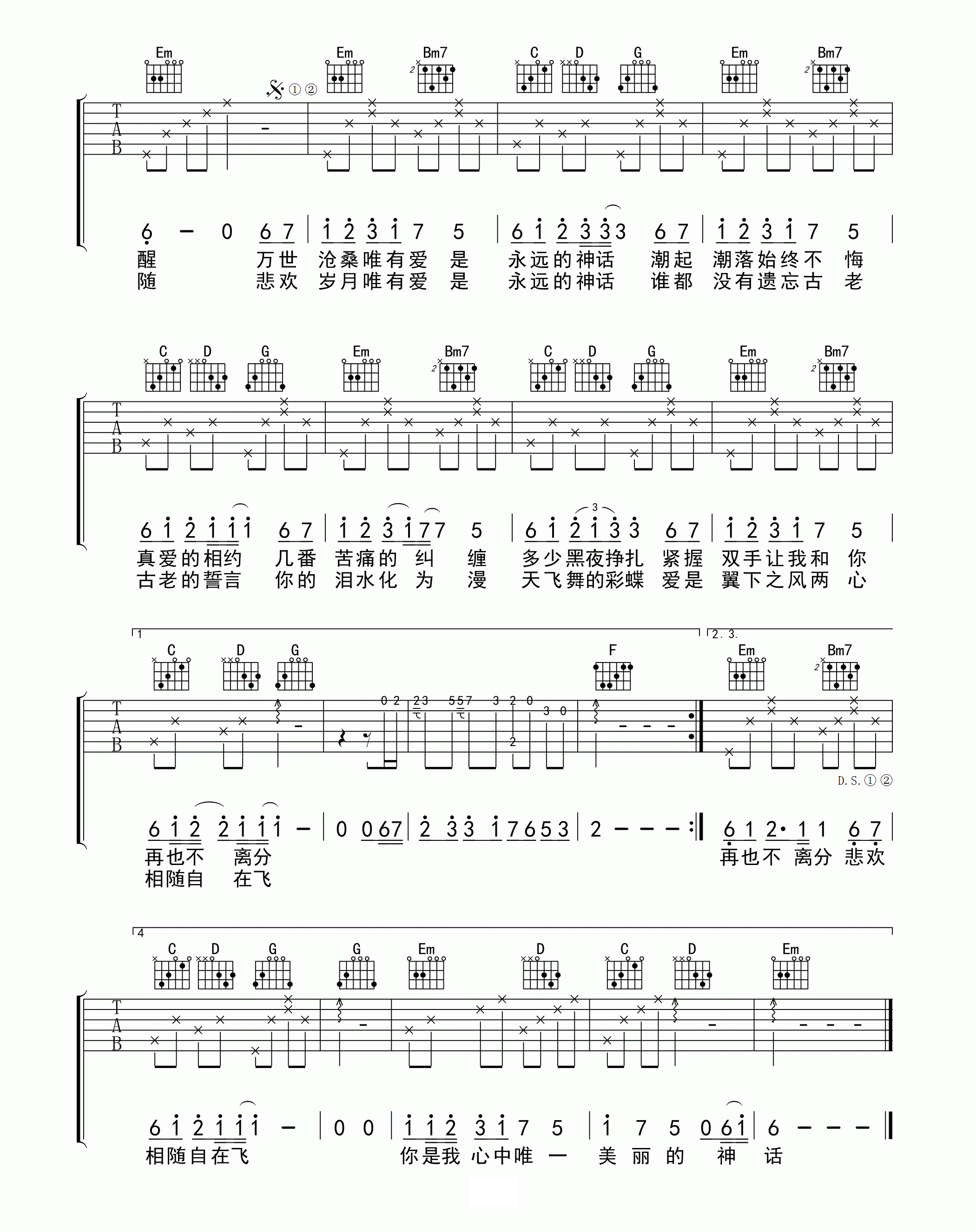 _美丽的神话_吉他谱_孙楠/韩红_G调原版弹唱谱_高清六线谱