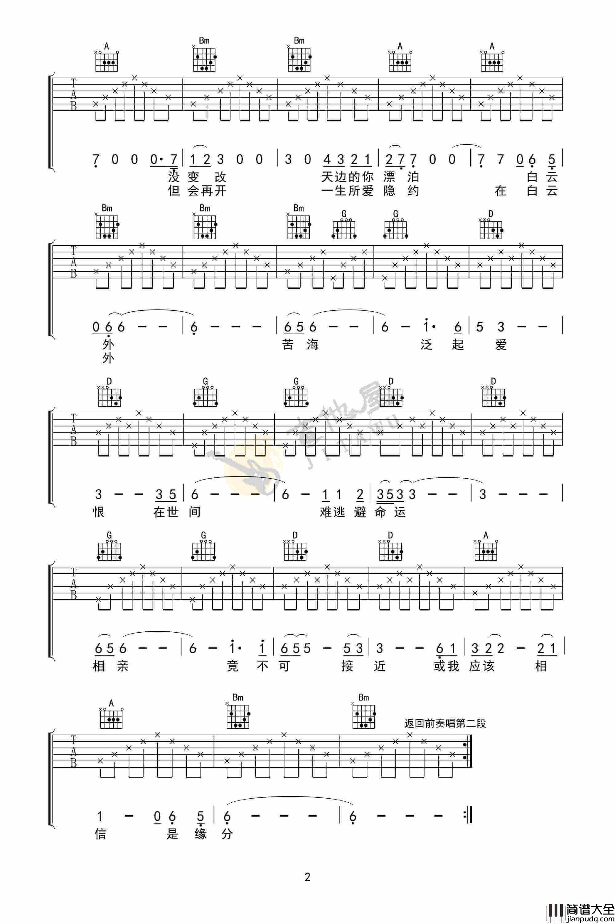 卢冠廷_一生所爱_D调简单版吉他弹唱六线谱_高清图片谱