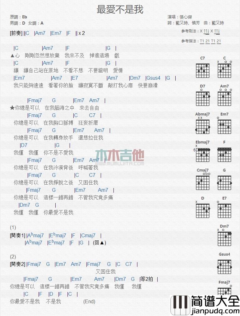 最爱不是我_吉他谱_张心杰