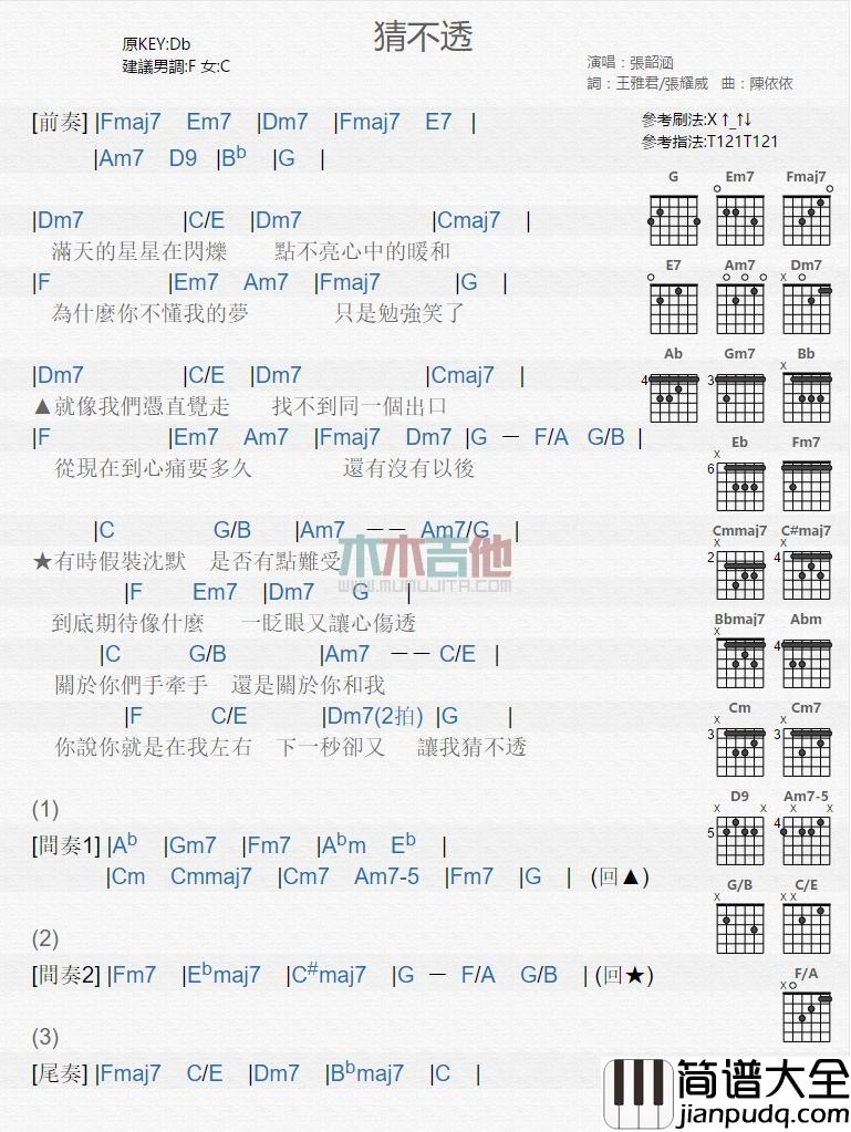 猜不透_吉他谱_张韶涵