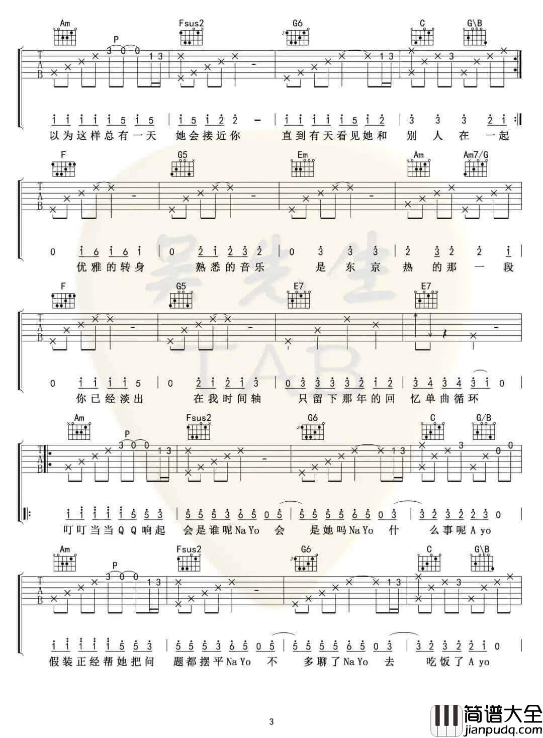 _东京不太热_吉他谱_洛天依_C调原版弹唱六线谱_高清图片谱