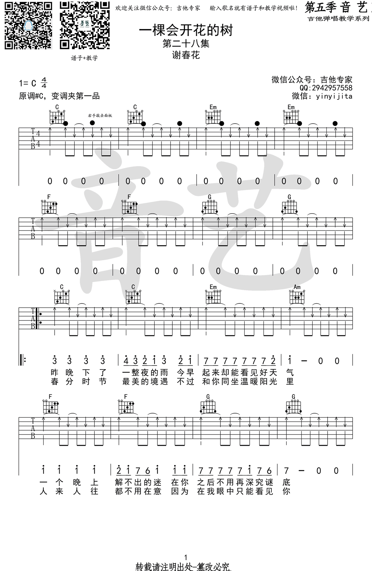 _一棵会开花的树_吉他谱_谢春花_C调弹唱六线谱_高清图片谱