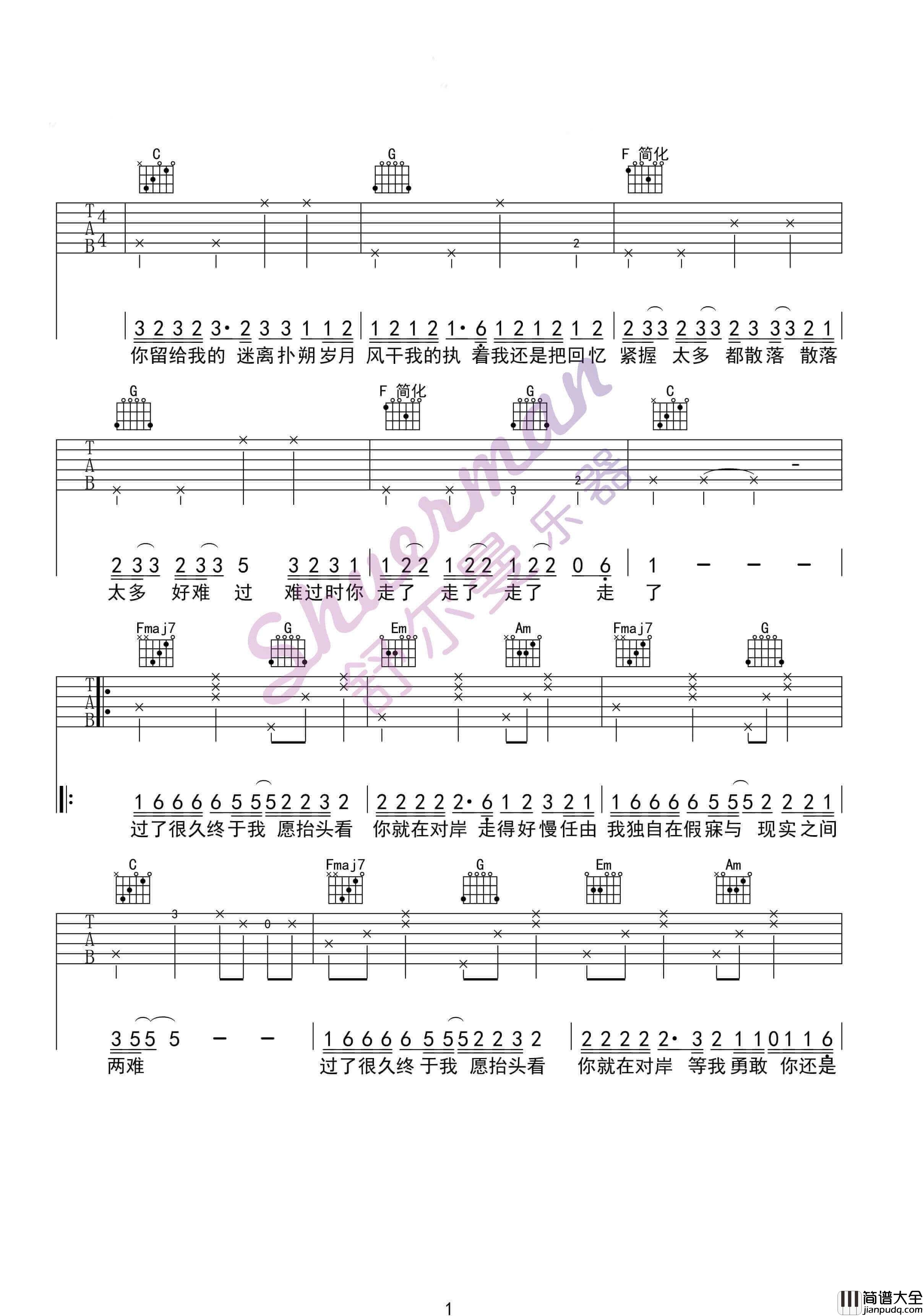 走马吉他谱_陈粒__走马_C调简单版六线谱_吉他弹唱教学