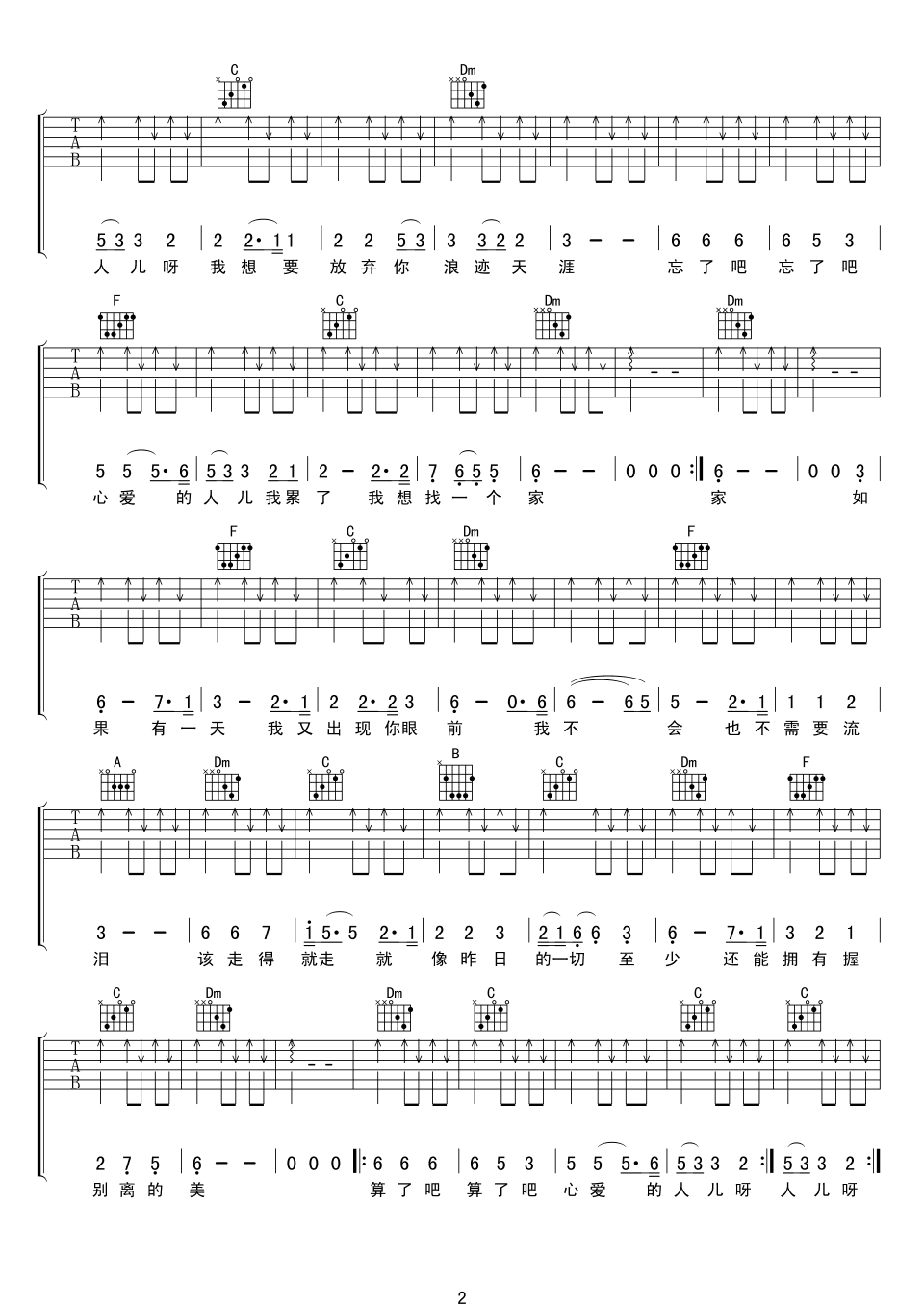 算了吧吉他谱_伍佰__算了吧_C调弹唱六线谱_高清图片谱