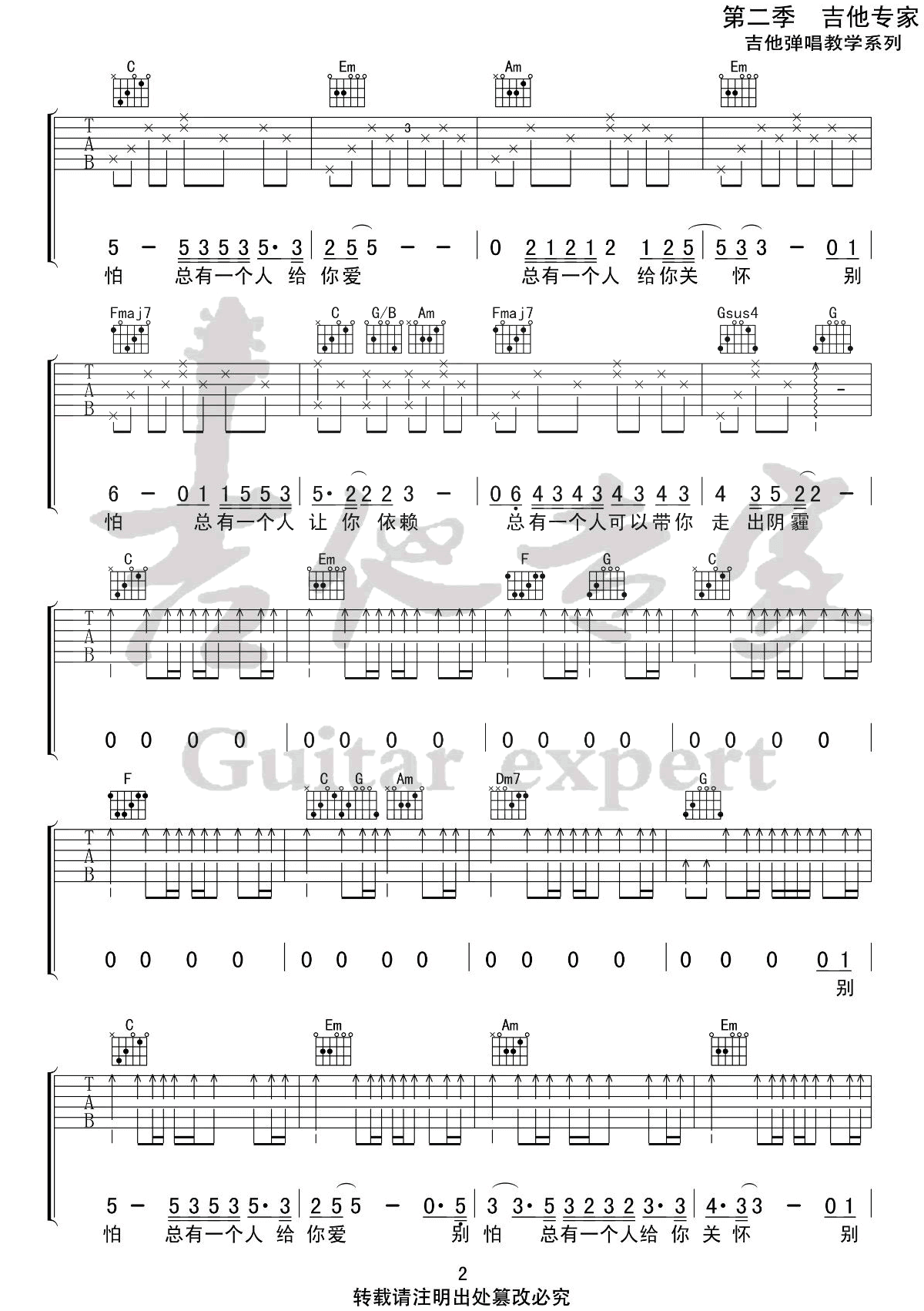 _别怕我在_吉他谱_隔壁老樊_C调原版弹唱六线谱_高清图片谱