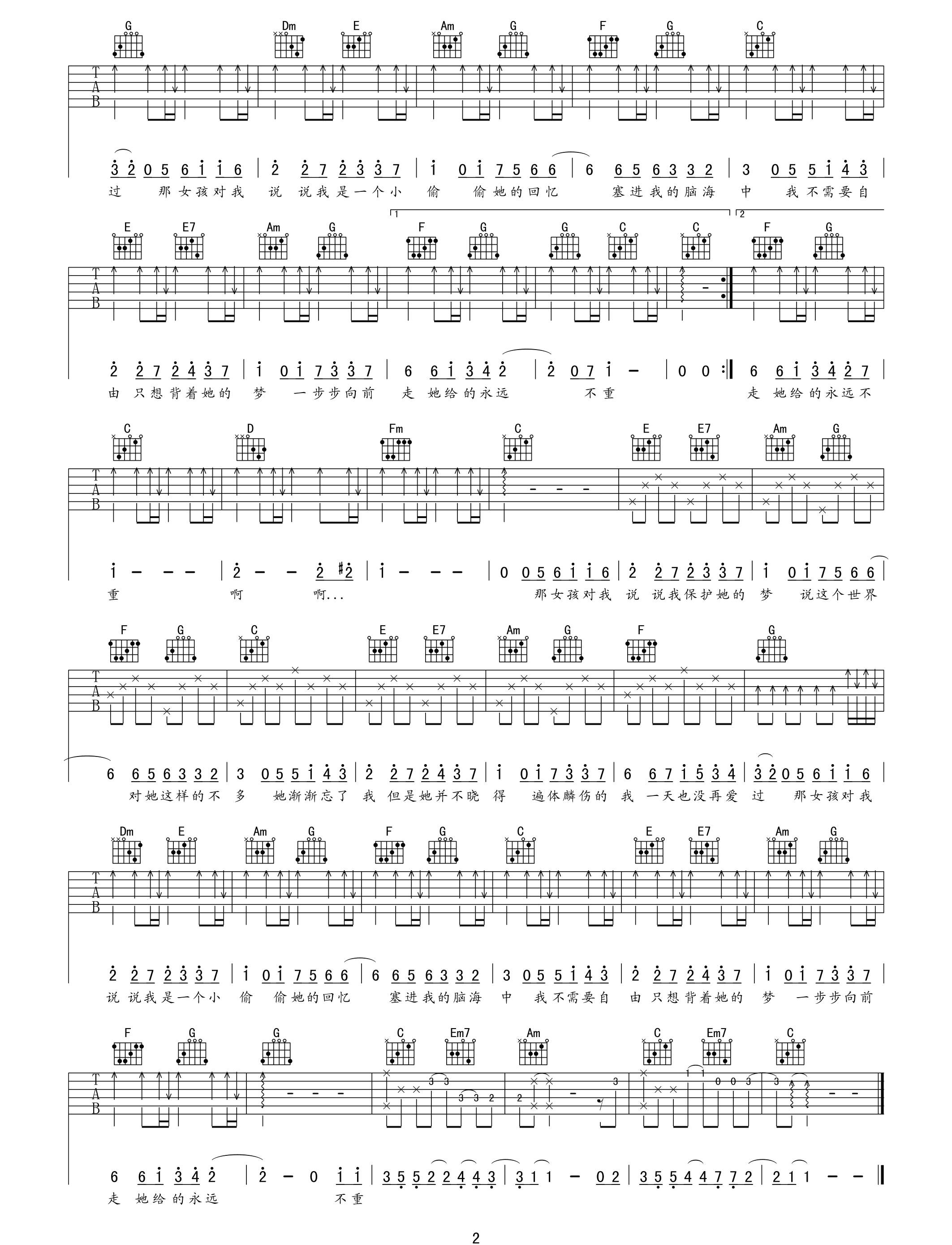 _那女孩对我说_吉他谱_黄义达_C调原版弹唱谱_高清六线谱