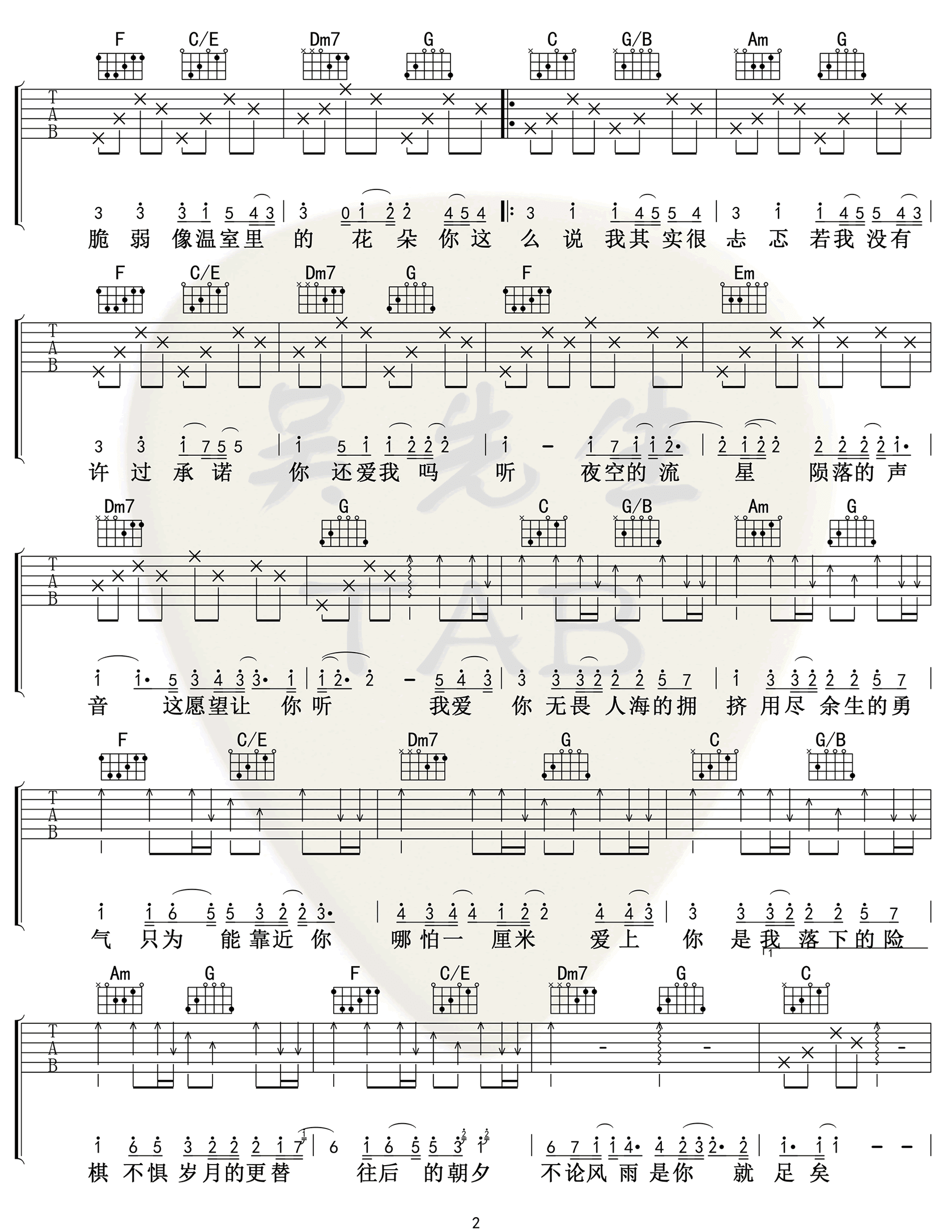 棉子_勇气_吉他谱_勇气C调弹唱六线谱_高清图片谱
