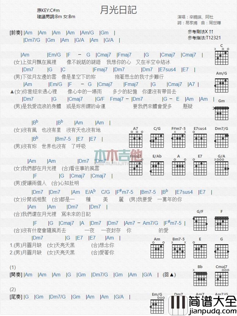 月光日记_吉他谱_辛晓琪,阿杜