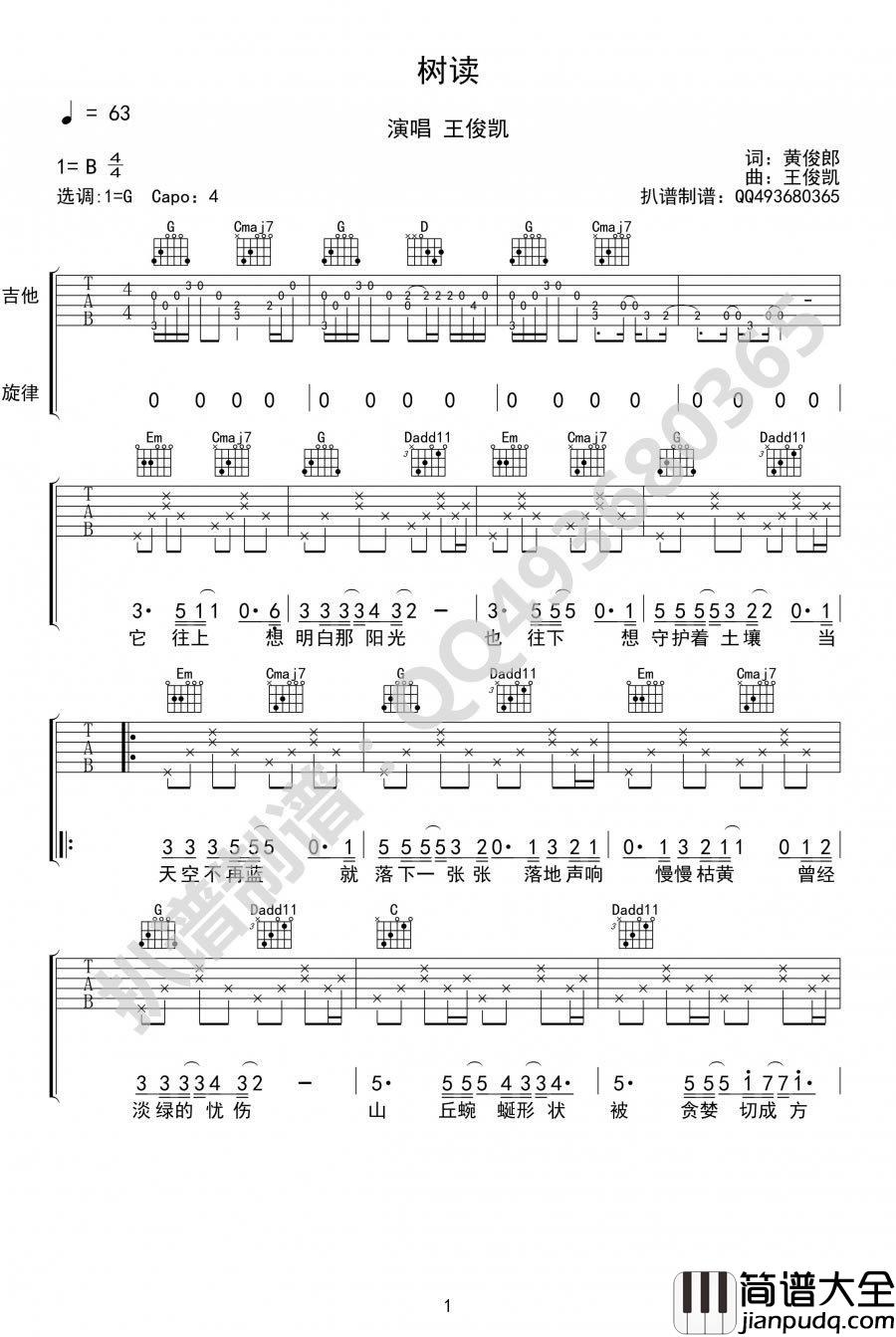 王俊凯_树读_吉他谱_树读六线谱_TFBOYS