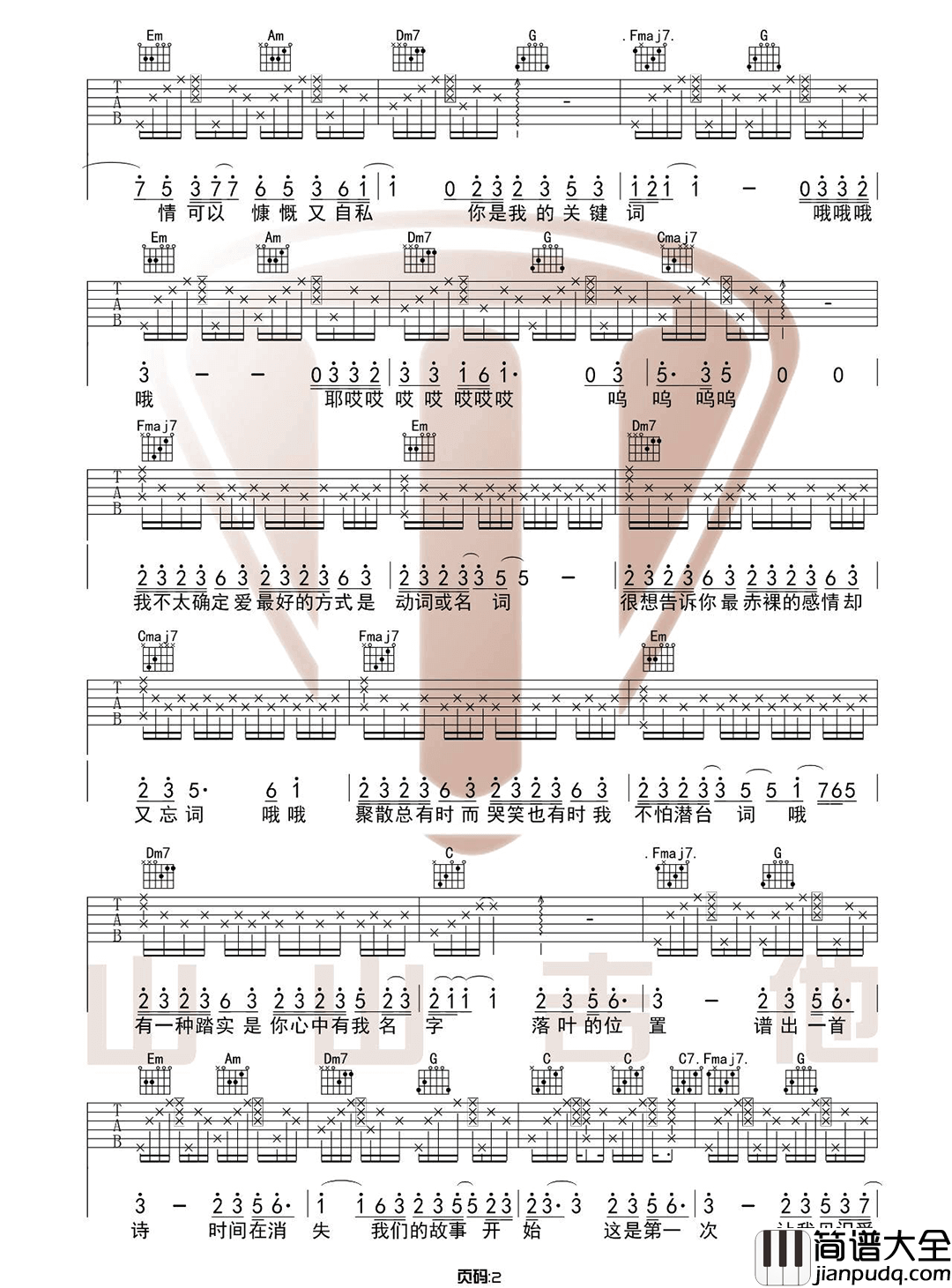 关键词吉他谱_林俊杰__关键词_C调原版六线谱_吉他弹唱教学