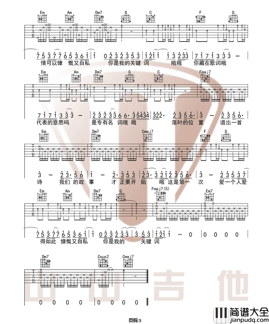 关键词吉他谱_林俊杰__关键词_C调原版六线谱_吉他弹唱教学