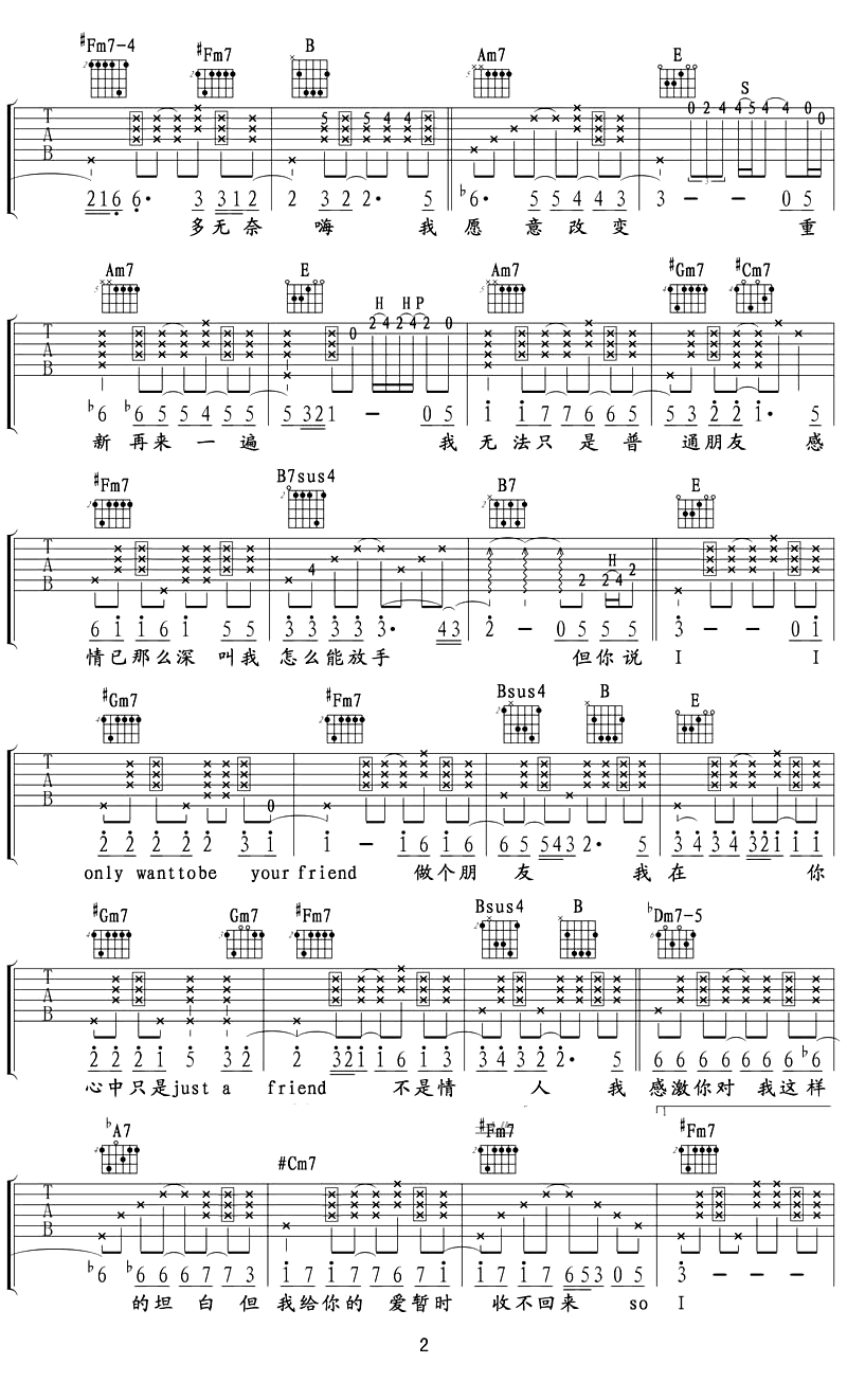 _普通朋友_吉他谱_陶喆_E调原版弹唱六线谱_高清图片谱