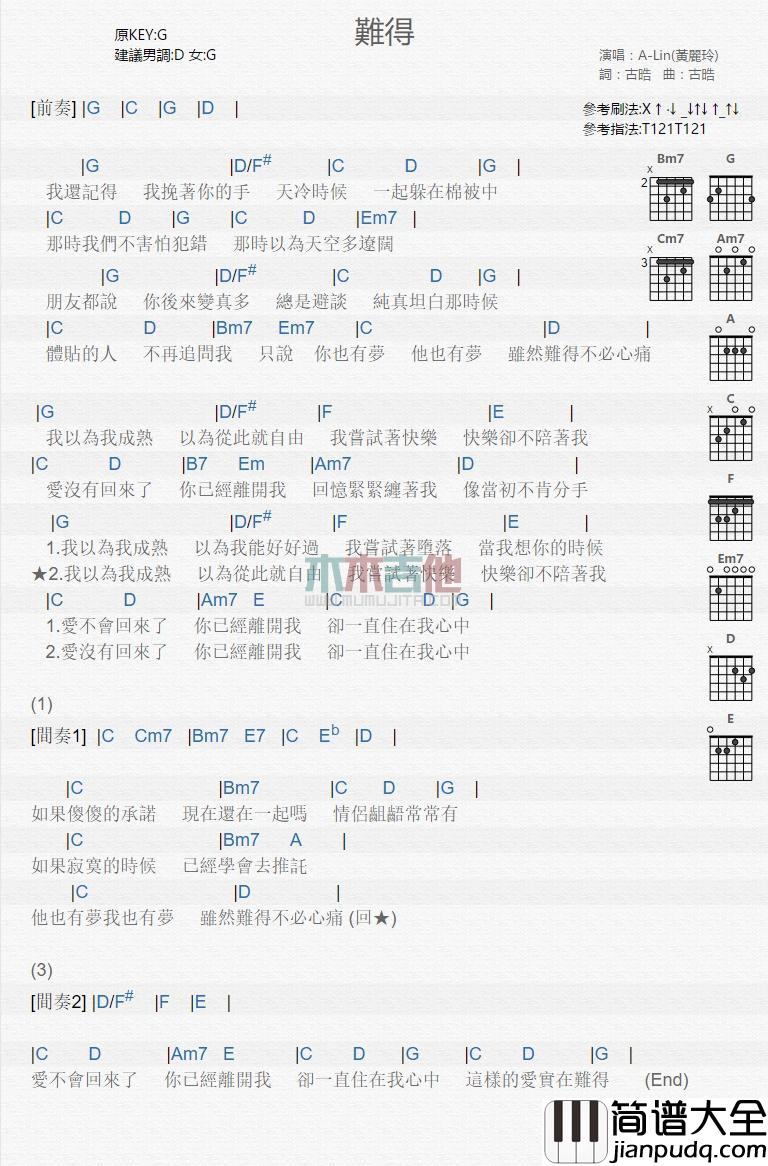 难得_吉他谱_黄丽玲