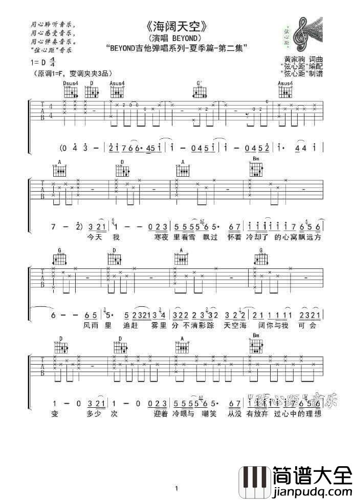 Beyond_海阔天空_黄家驹D调原版弹唱吉他谱_图片六线谱