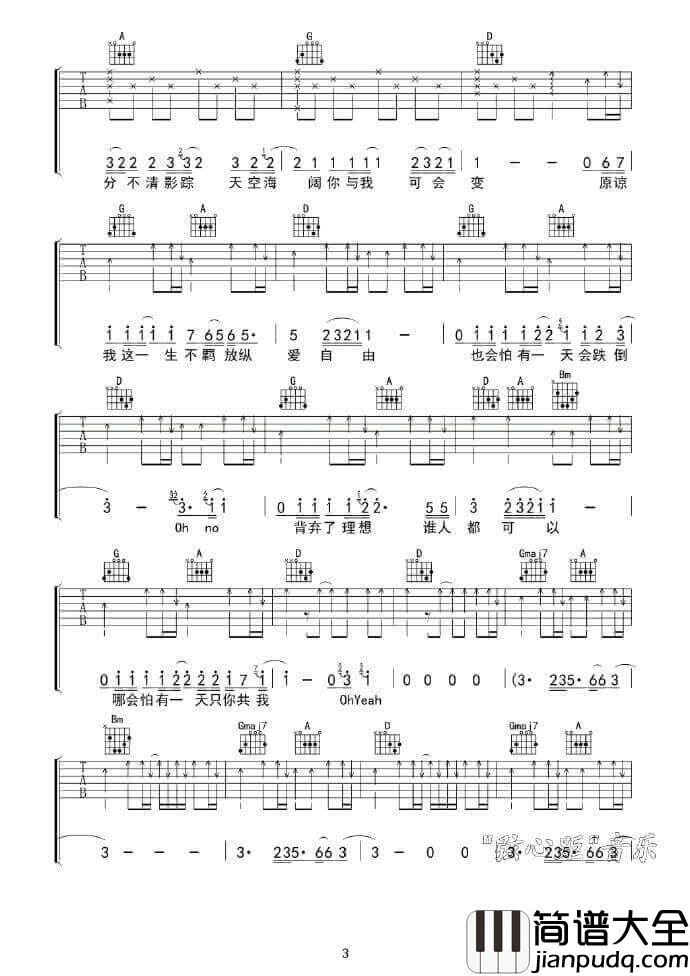 Beyond_海阔天空_黄家驹D调原版弹唱吉他谱_图片六线谱