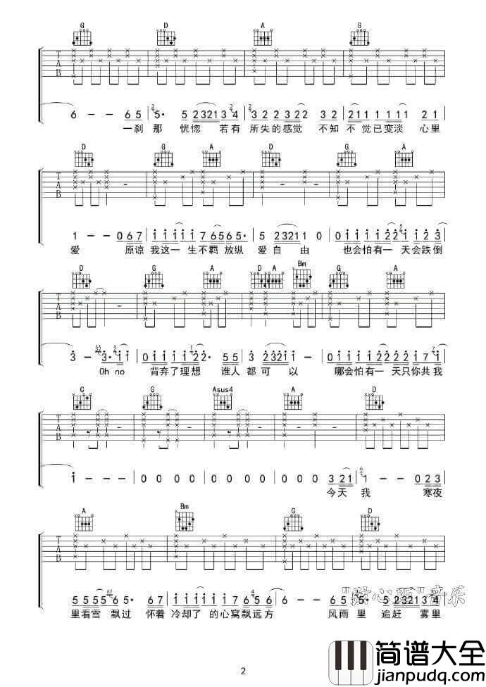 Beyond_海阔天空_黄家驹D调原版弹唱吉他谱_图片六线谱