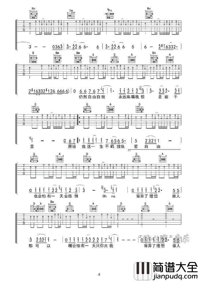 Beyond_海阔天空_黄家驹D调原版弹唱吉他谱_图片六线谱