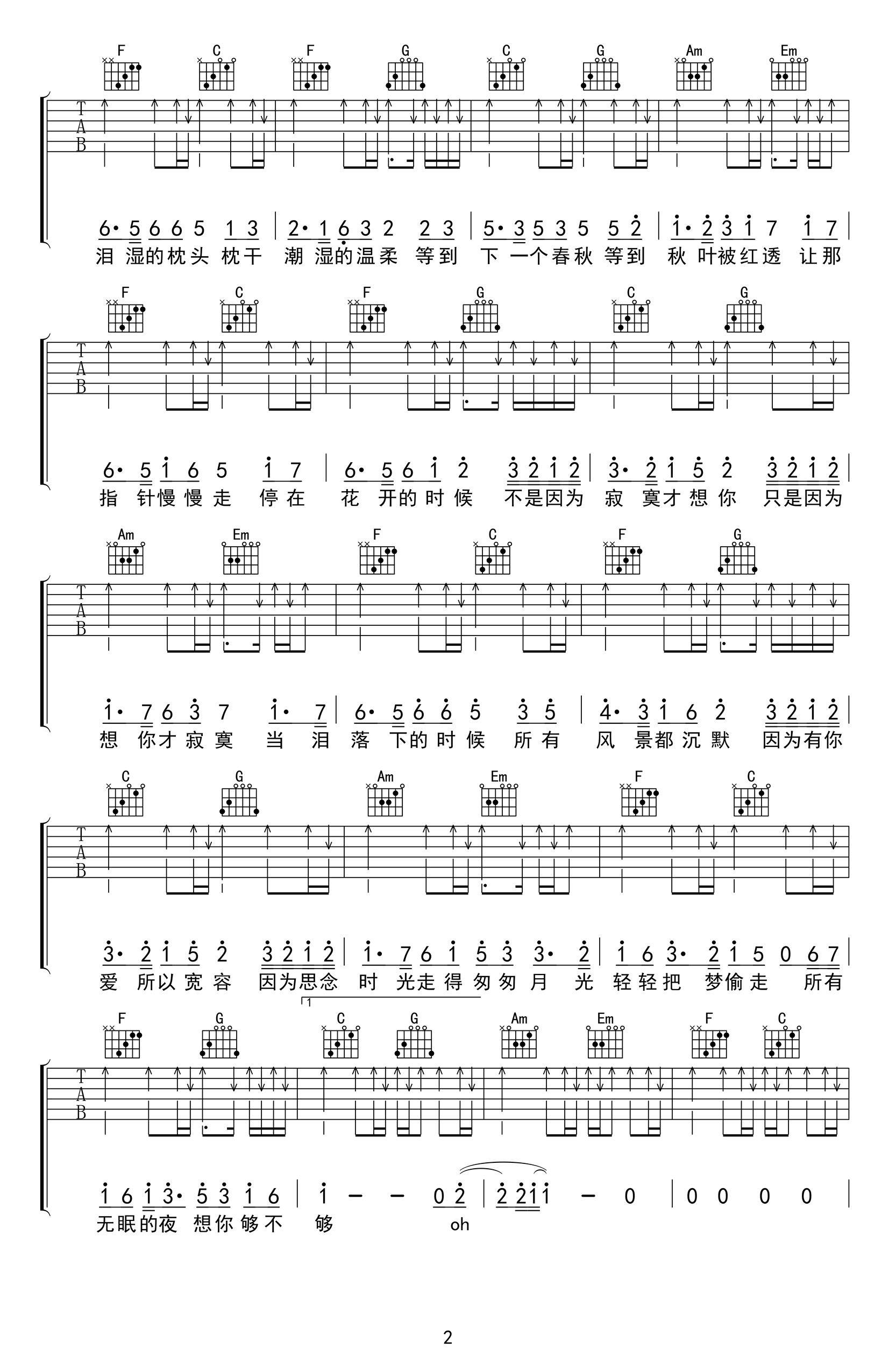 不是因为寂寞才想你吉他谱_C调原版_王小帅_高清弹唱谱